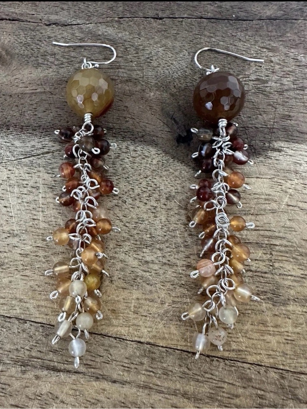 Handcrafted Brown and Amber Bead Cascade Earrings